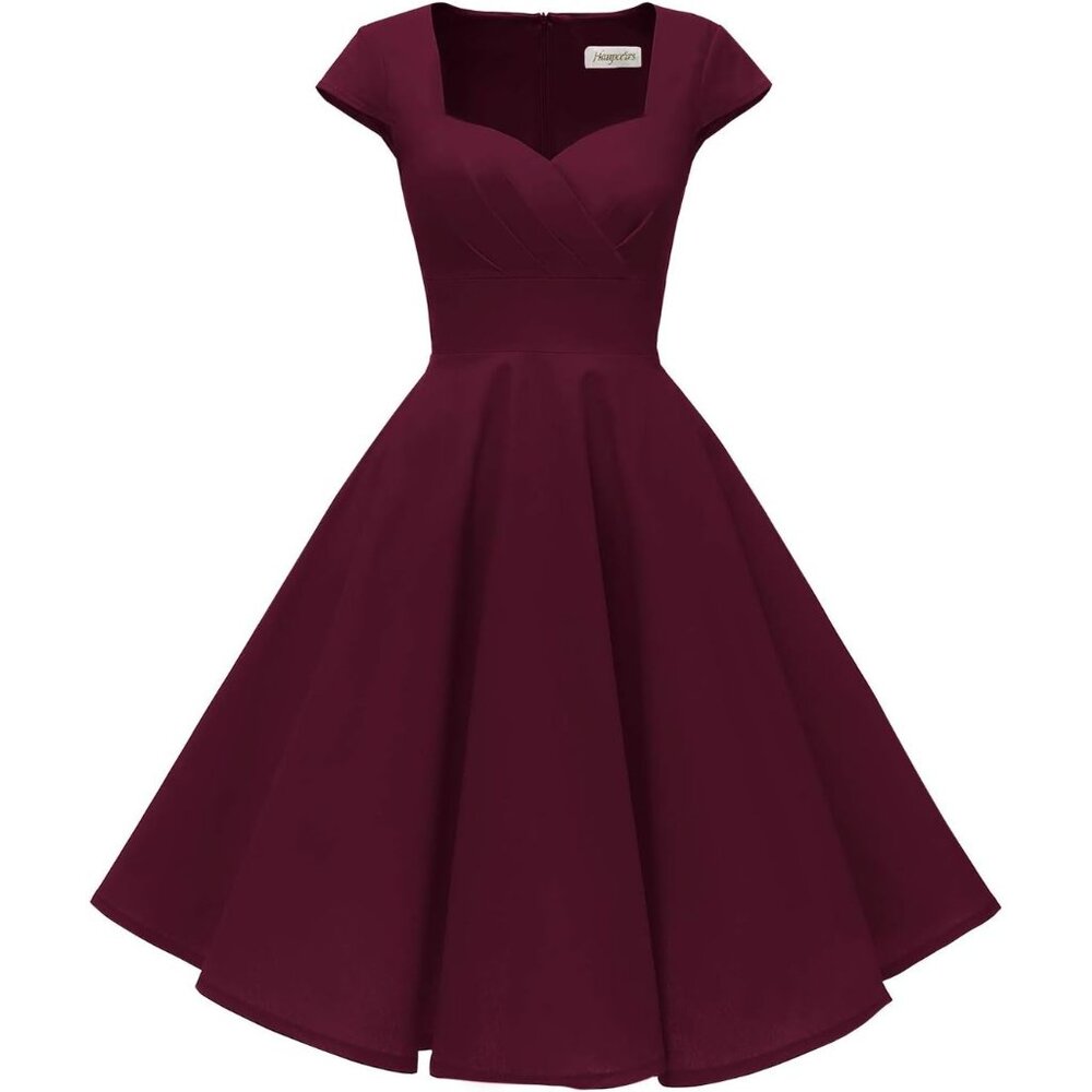 Women Burgundy Cap Sleeve 1950s Retro Vintage Cocktail Swing Dresses with Pocket